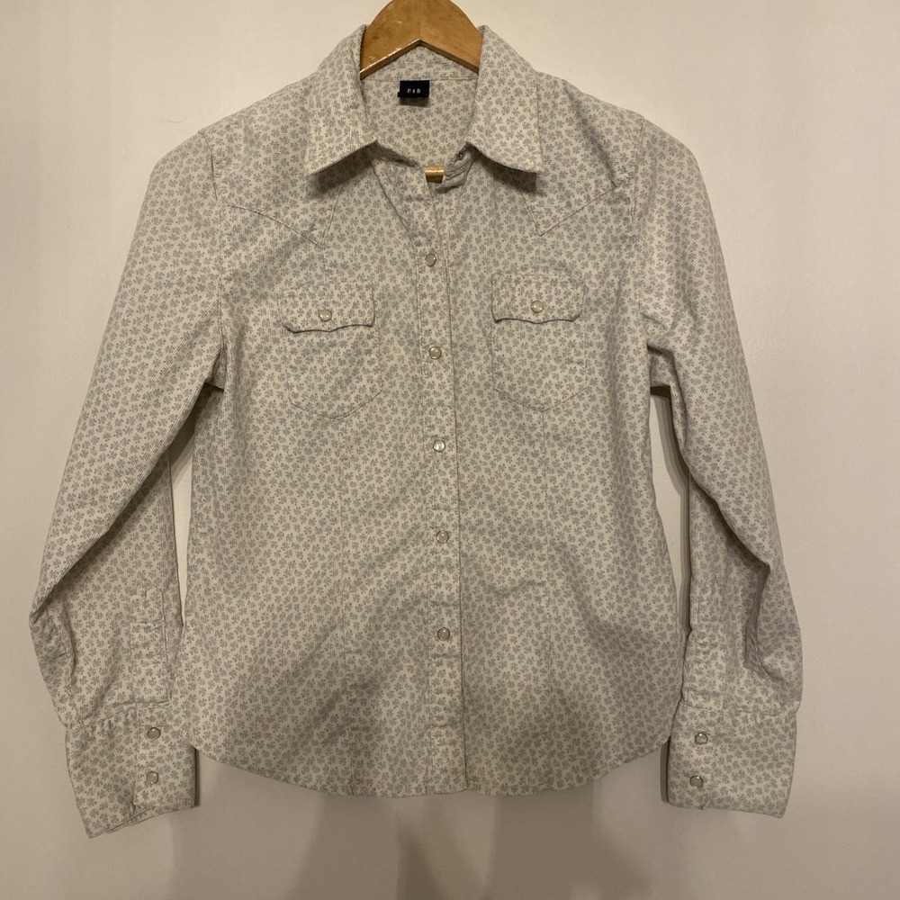 GAP Western Top Womens Medium Beige Blue Floral Print Snap Up Corduroy Cowgirl L